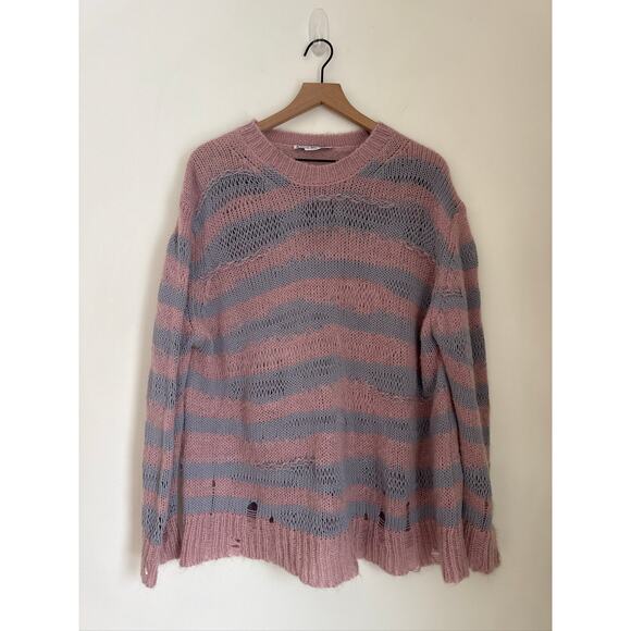 Acne Studios Distressed Striped Mohair Blend Sweater - Pink & Gray, Size L - Picture 2 of 8